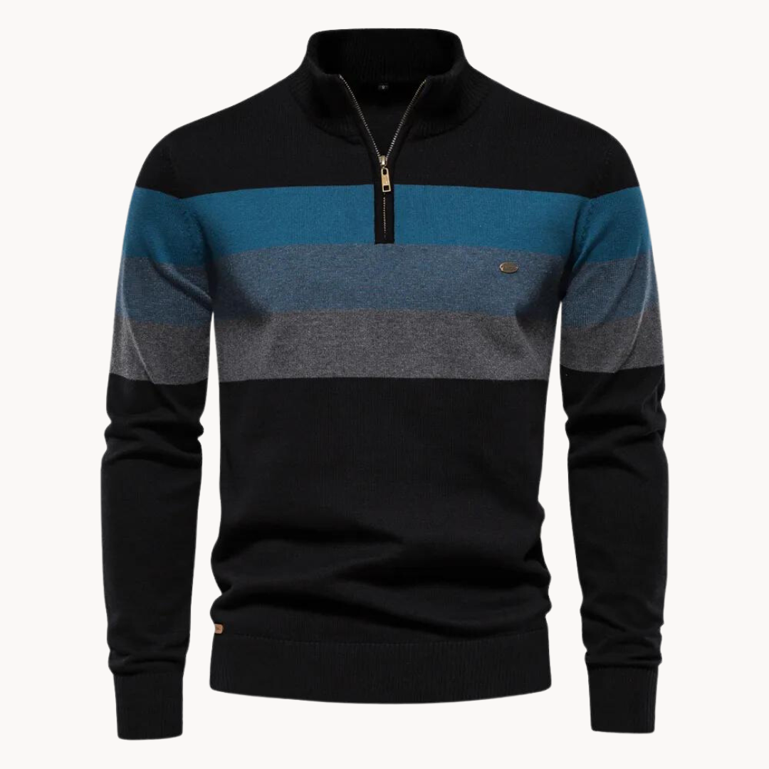 Men's quarter-zip knit cotton sweater classic fit bold tri-color stripes ribbed collar
