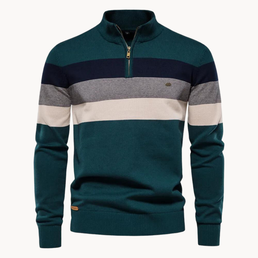 Men's quarter zip knit cotton sweater classic fit bold tri-color stripes ribbed collar casual style