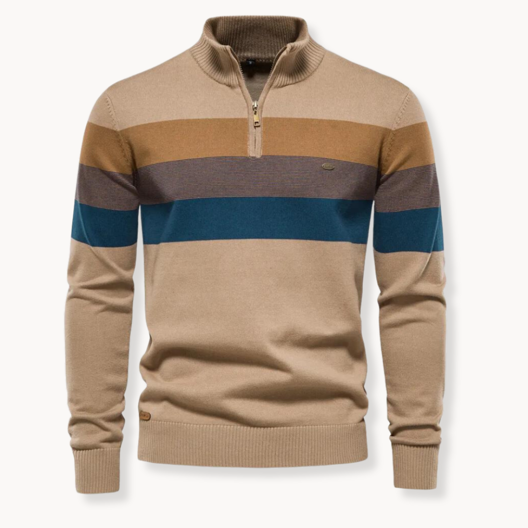 Men's quarter-zip knit sweater classic fit bold tri-color stripes ribbed collar stretch cotton