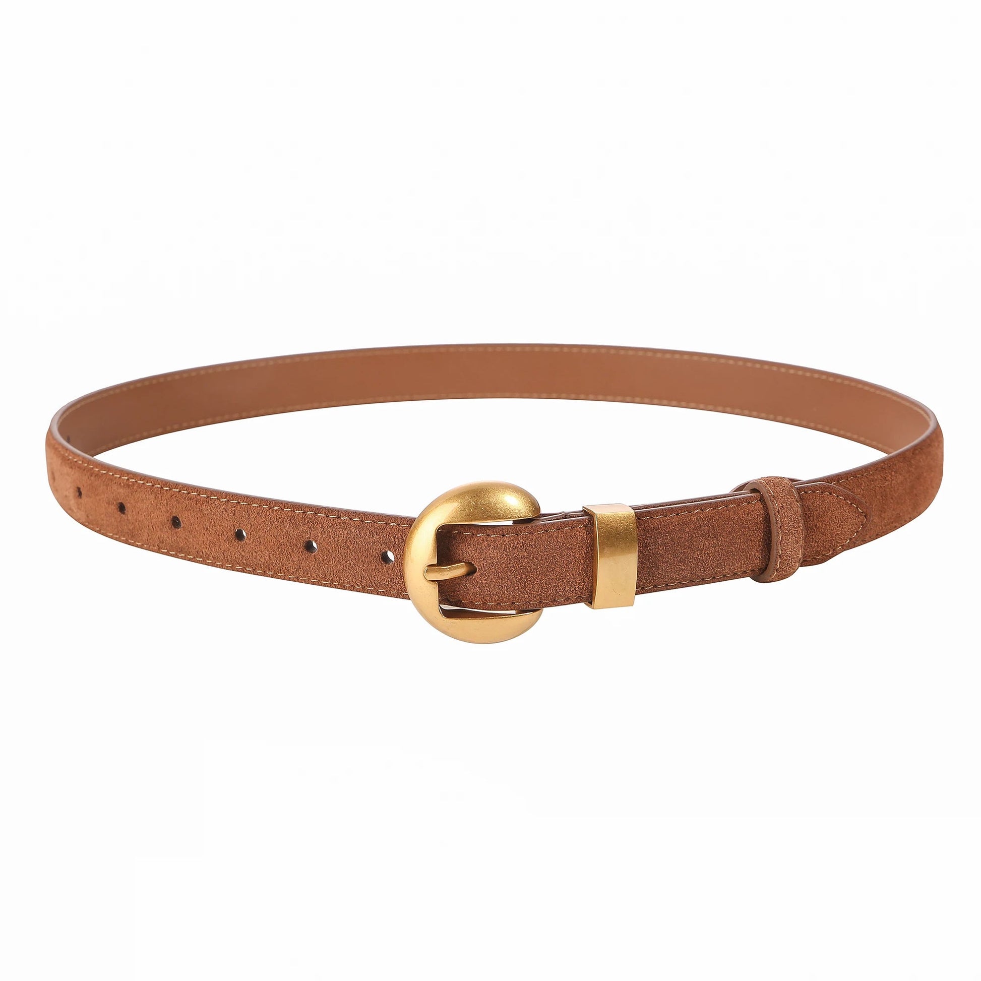 Women's brown suede cinch belt full-grain leather with brushed gold oval buckle