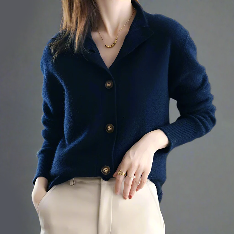 Women's relaxed-fit button-front knit cardigan with ribbed stand collar in cozy textured knit