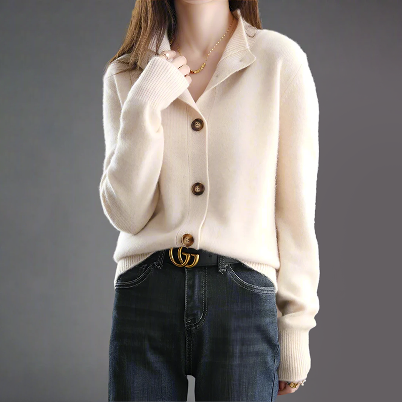Women's relaxed-fit button-front knit cardigan with ribbed stand collar, cozy textured knit, loose layering style