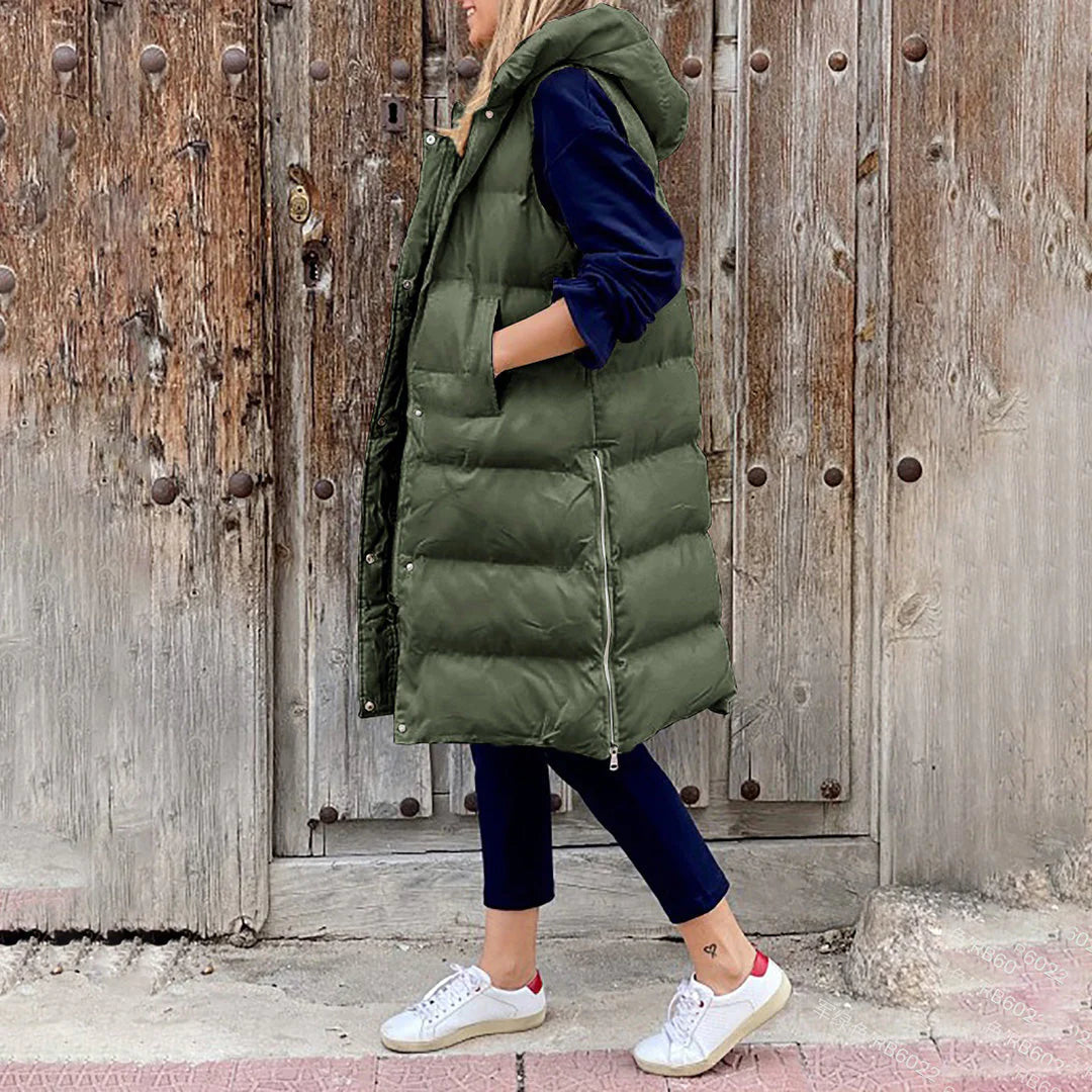 Women's sleeveless puffer vest cozy layering jacket durable outdoor warmth essential