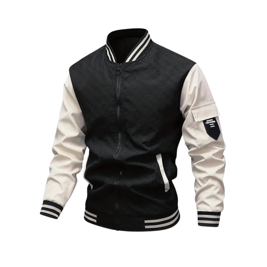 Men's slim-fit bomber jacket in neutral tone, modern silhouette with premium sustainable fabric detail