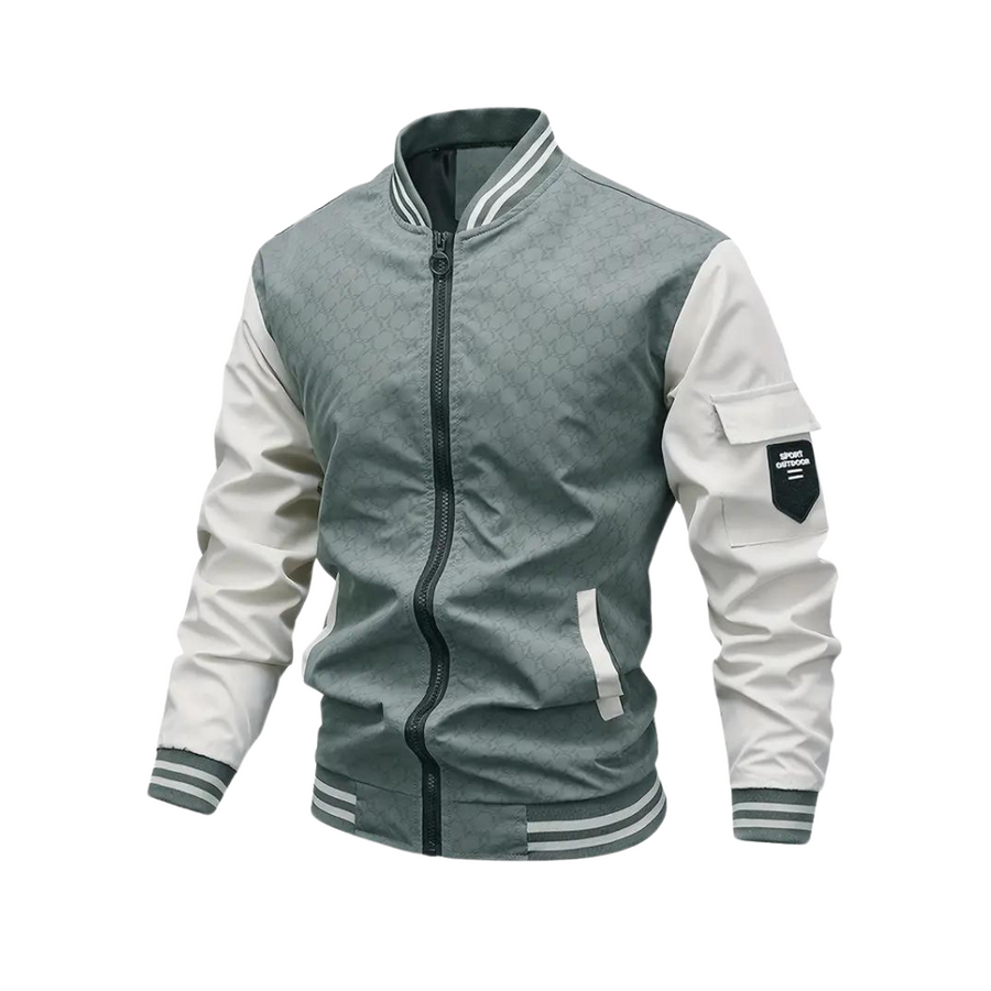 Men's slim-fit bomber jacket in neutral tone, modern silhouette with premium sustainable fabric