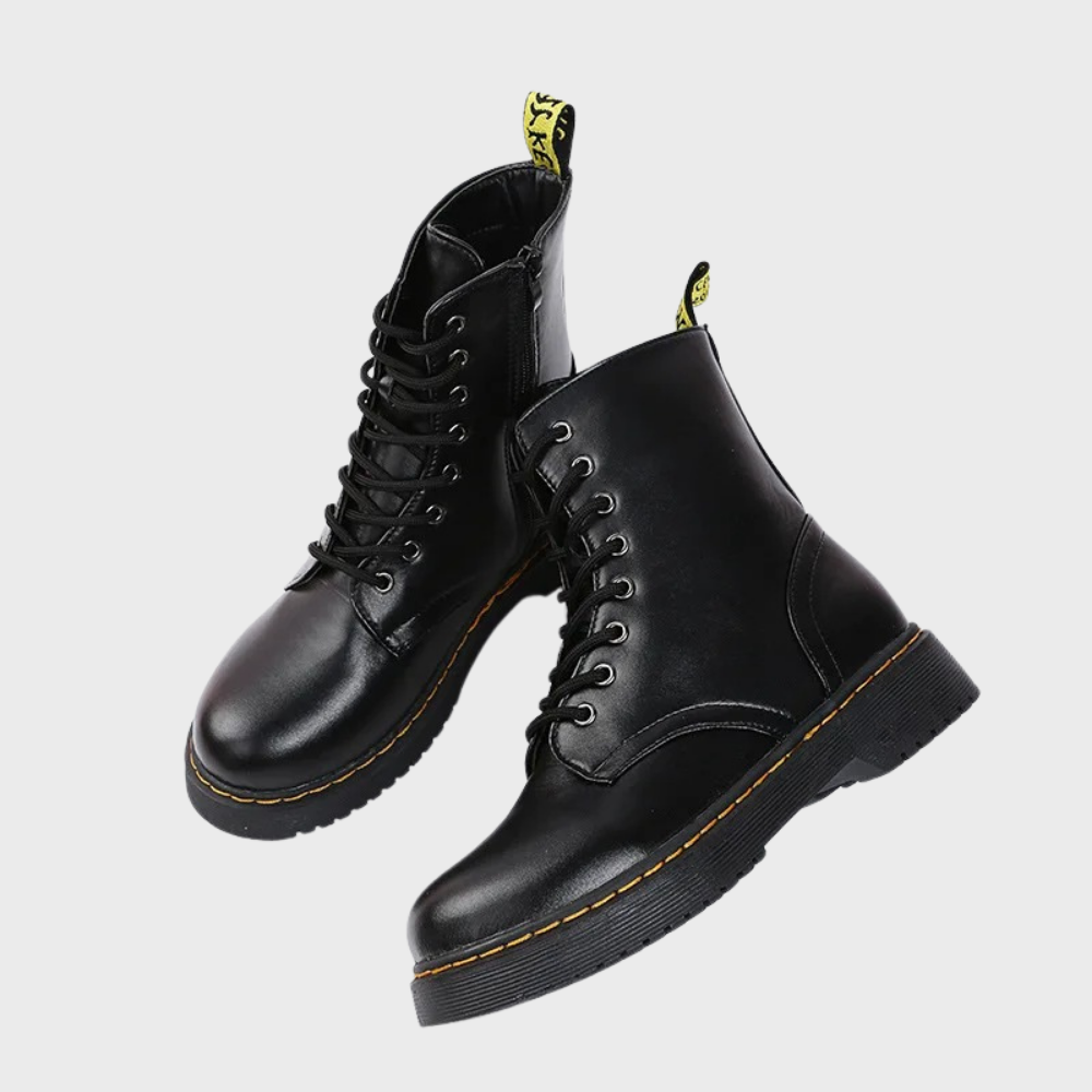 Women's black lace-up combat boots with side zipper and durable sole for all-day comfort