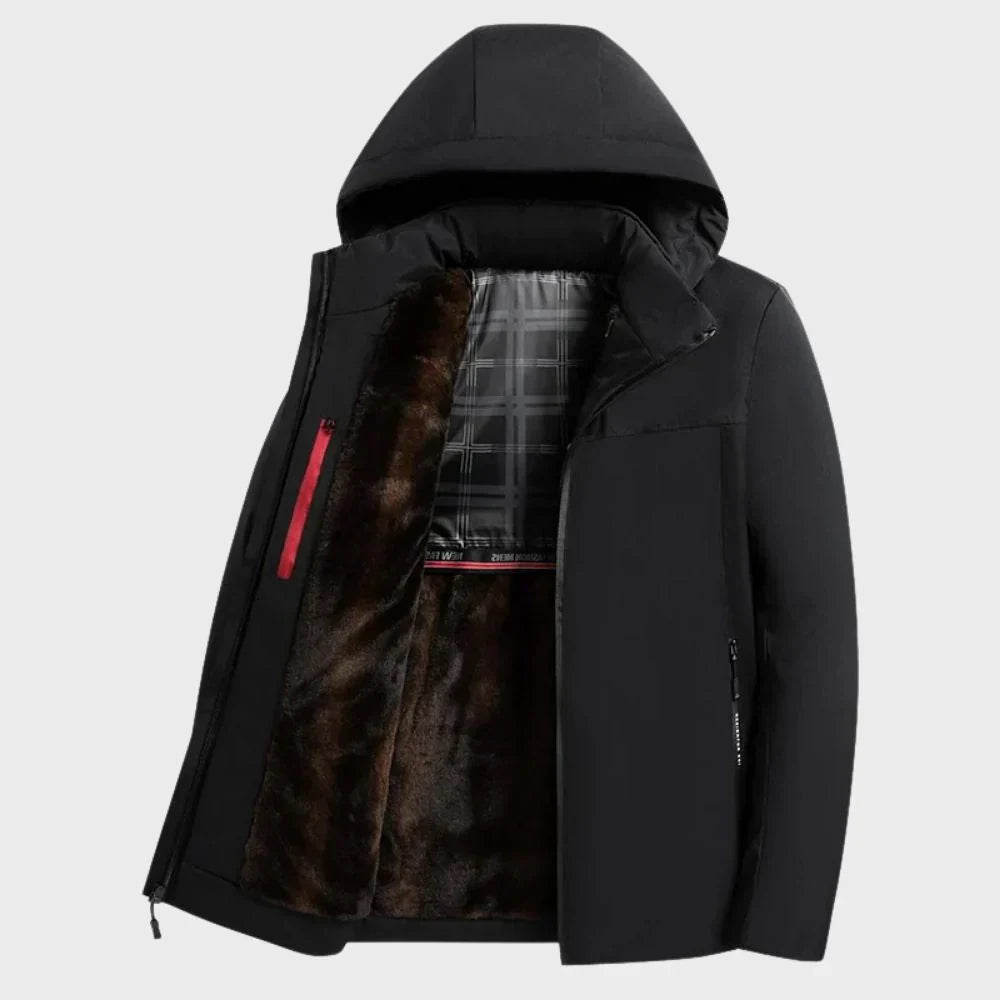 Men's heavy-duty waterproof winter jacket with warm insulated lining, all-weather outdoor coat