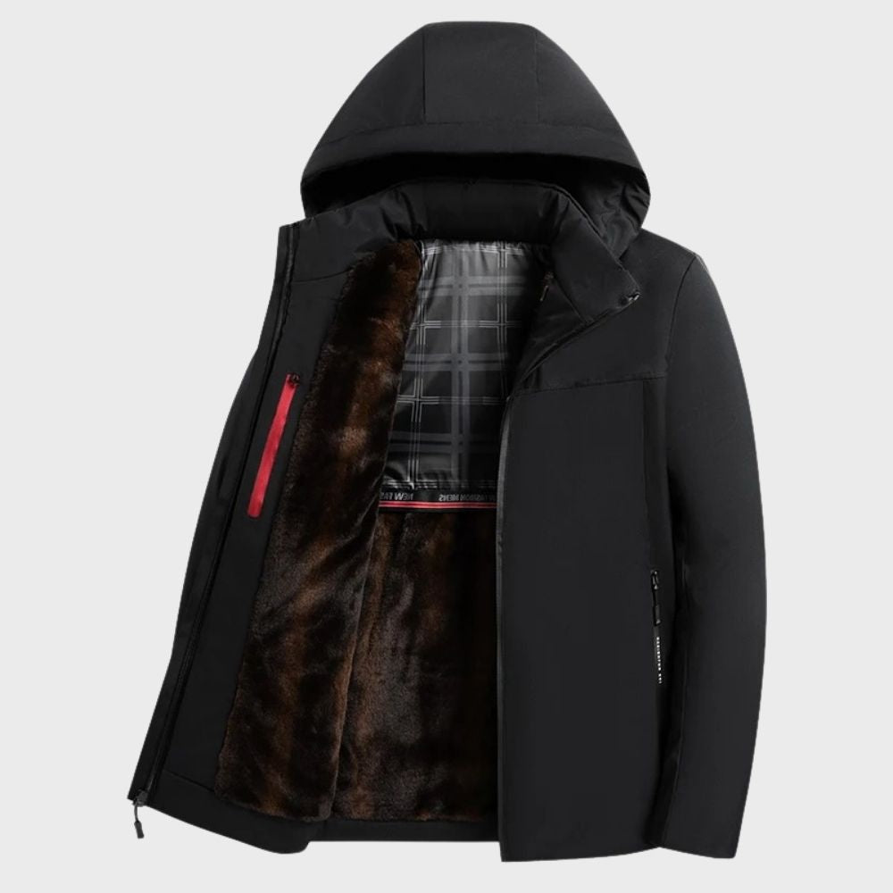 Men's waterproof hooded winter coat casual fit with fur-lined interior and zipper closure