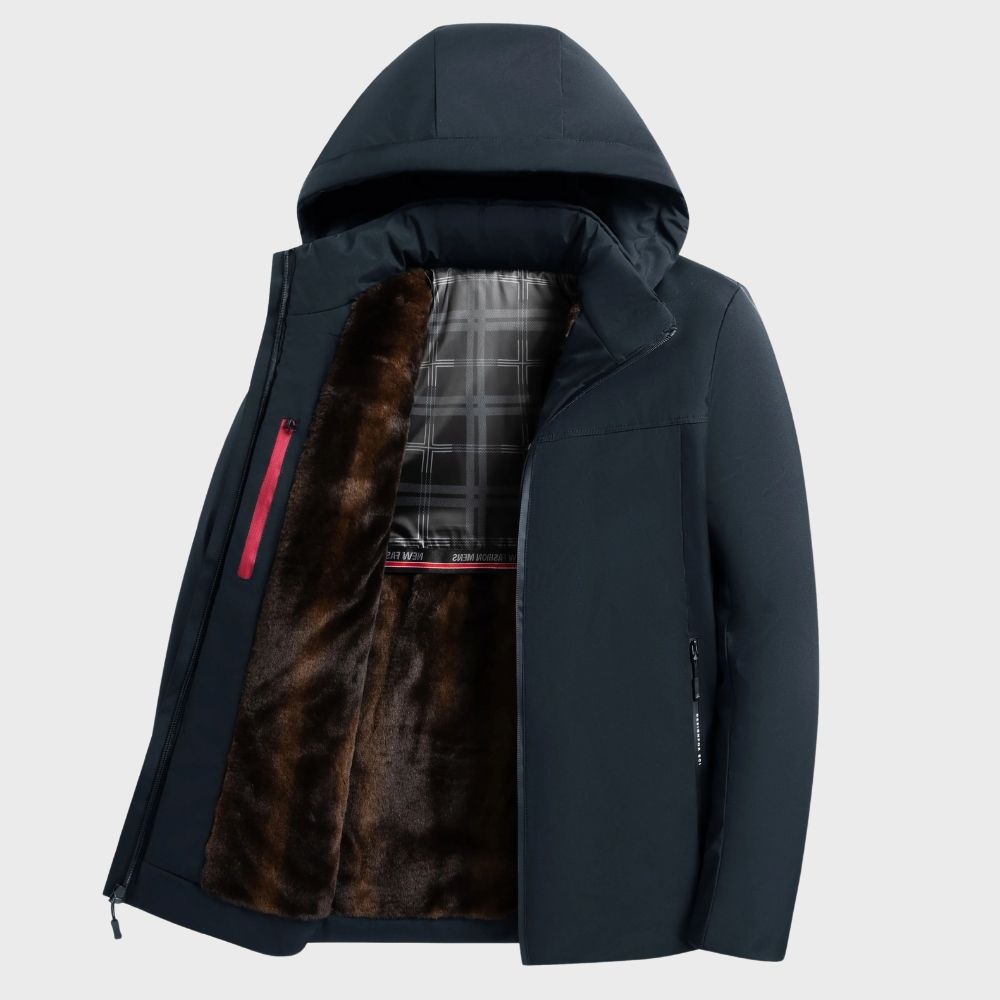 Men's water-resistant winter jacket fur-lined hood zipper closure casual cold-weather outerwear