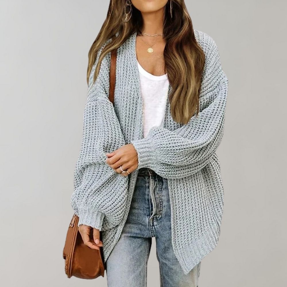 Women's relaxed fit open front knit cardigan in neutral tone, oversized silhouette for effortless layering