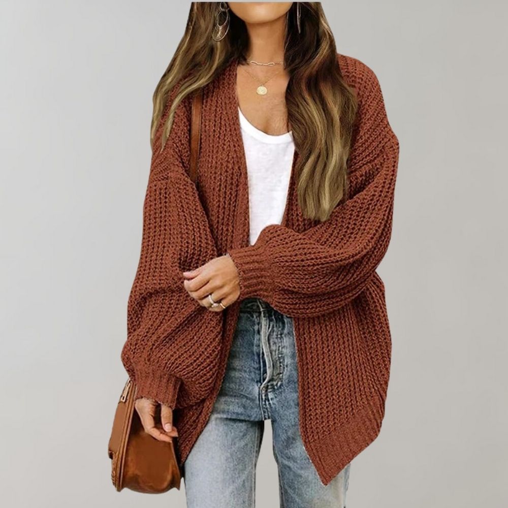Women's relaxed fit open front knit cardigan in neutral tones, oversized silhouette for effortless layering