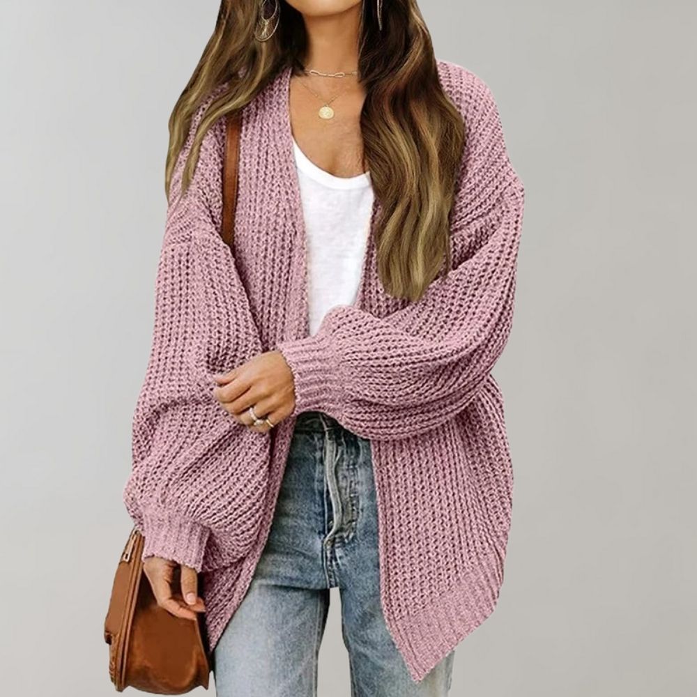 Women's relaxed fit open front knit cardigan in neutral tone, oversized silhouette for effortless layering