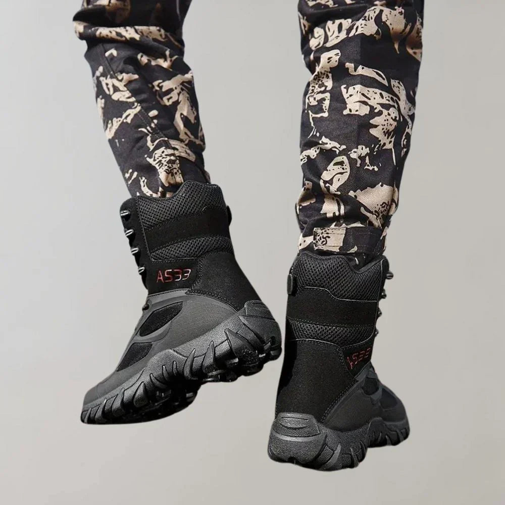 Men's high-top hiking boots in brown, rugged ankle support design with all-terrain traction sole