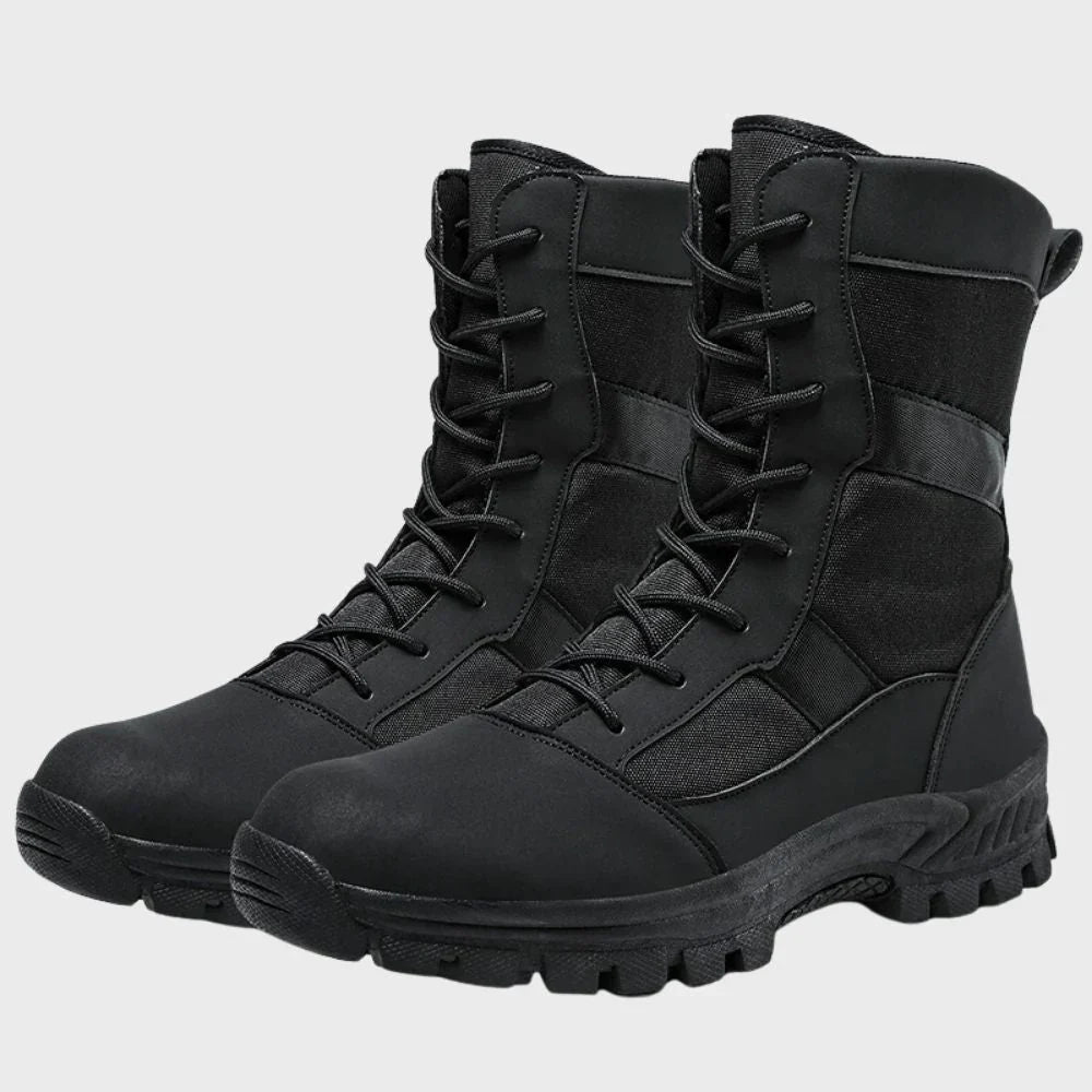 Men's high hiking boots in brown durable leather with sturdy all-terrain sole for outdoor trails