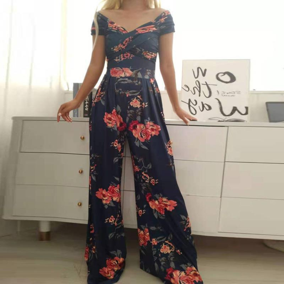 Vera | Women's Floral Wide Leg Jumpsuit Off Shoulder Wrap Bodice