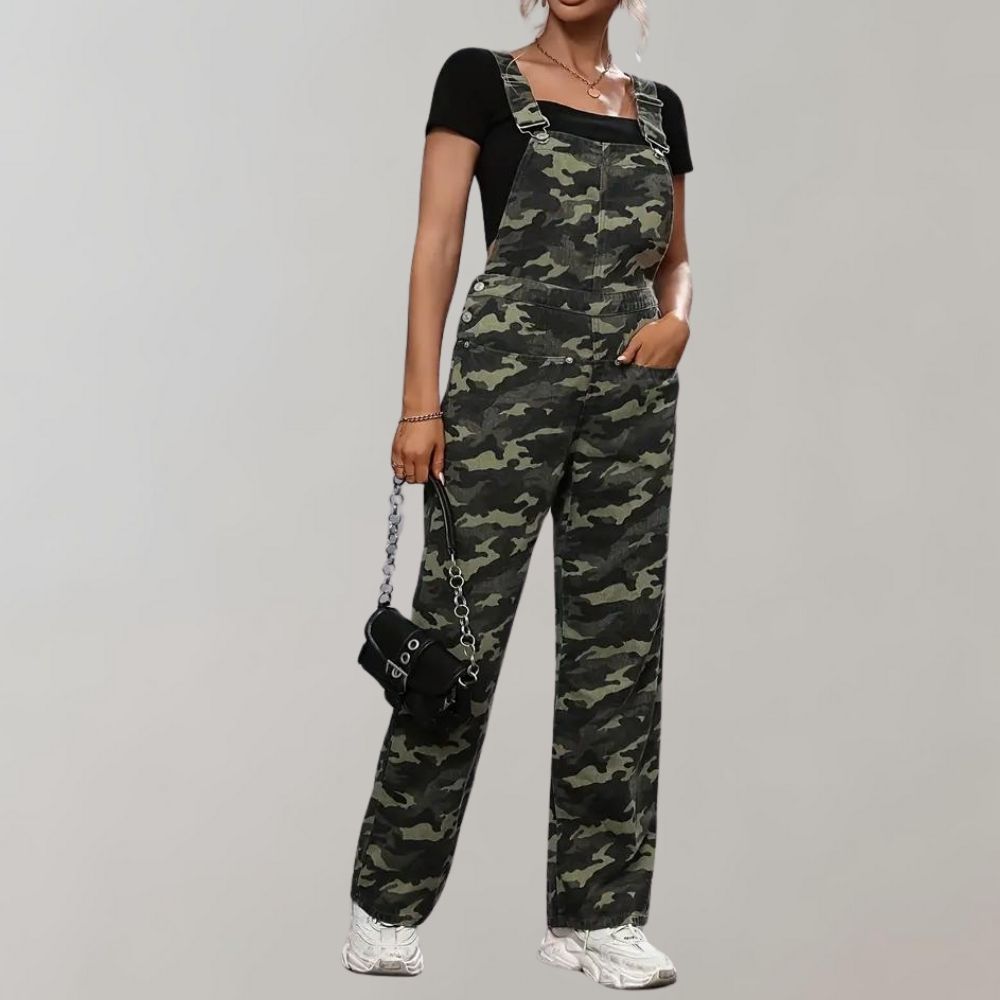 Women's camouflage print relaxed fit overalls with adjustable straps for customizable shoulder fit