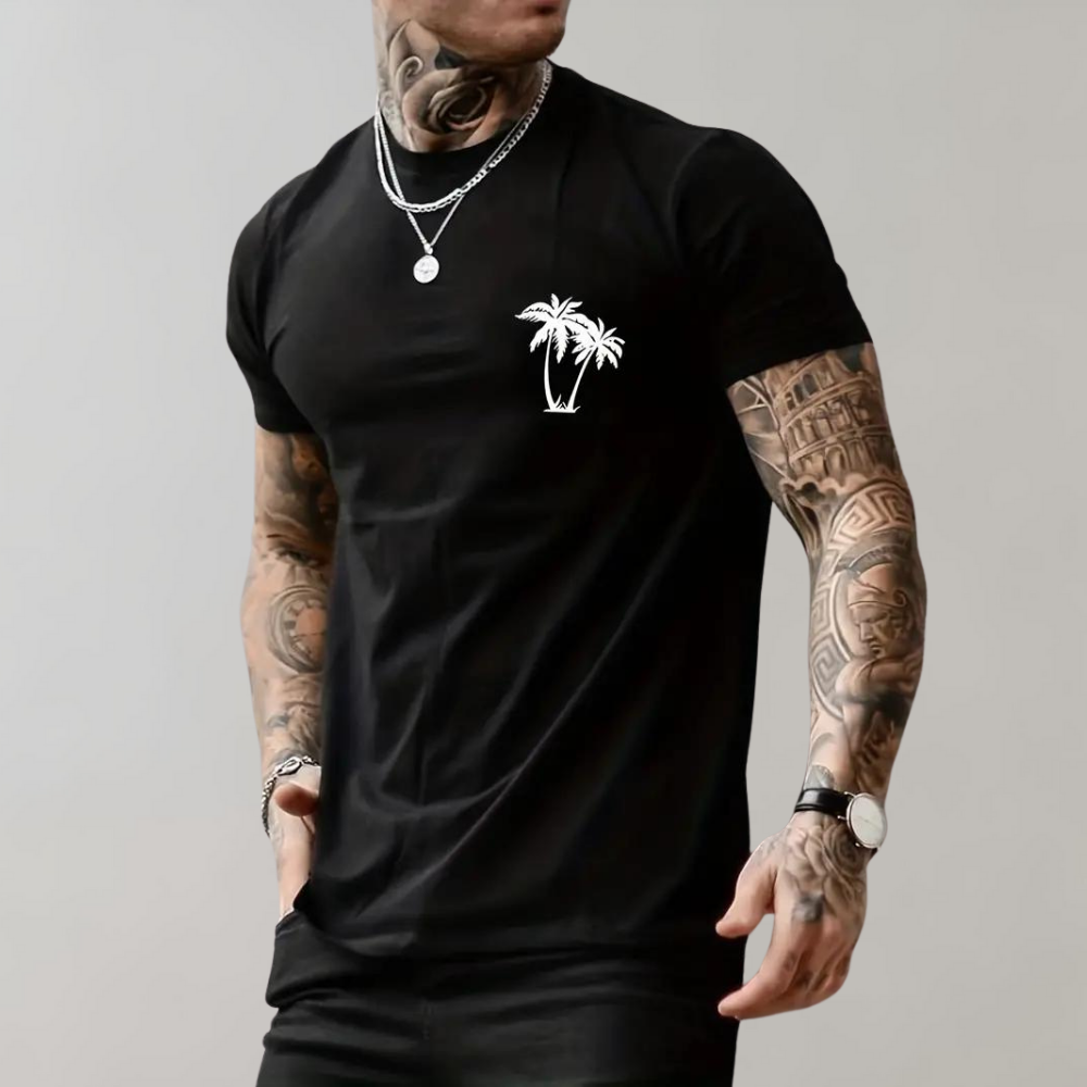 Men's white cotton crew neck t-shirt with bold palm tree graphic print, casual everyday fit