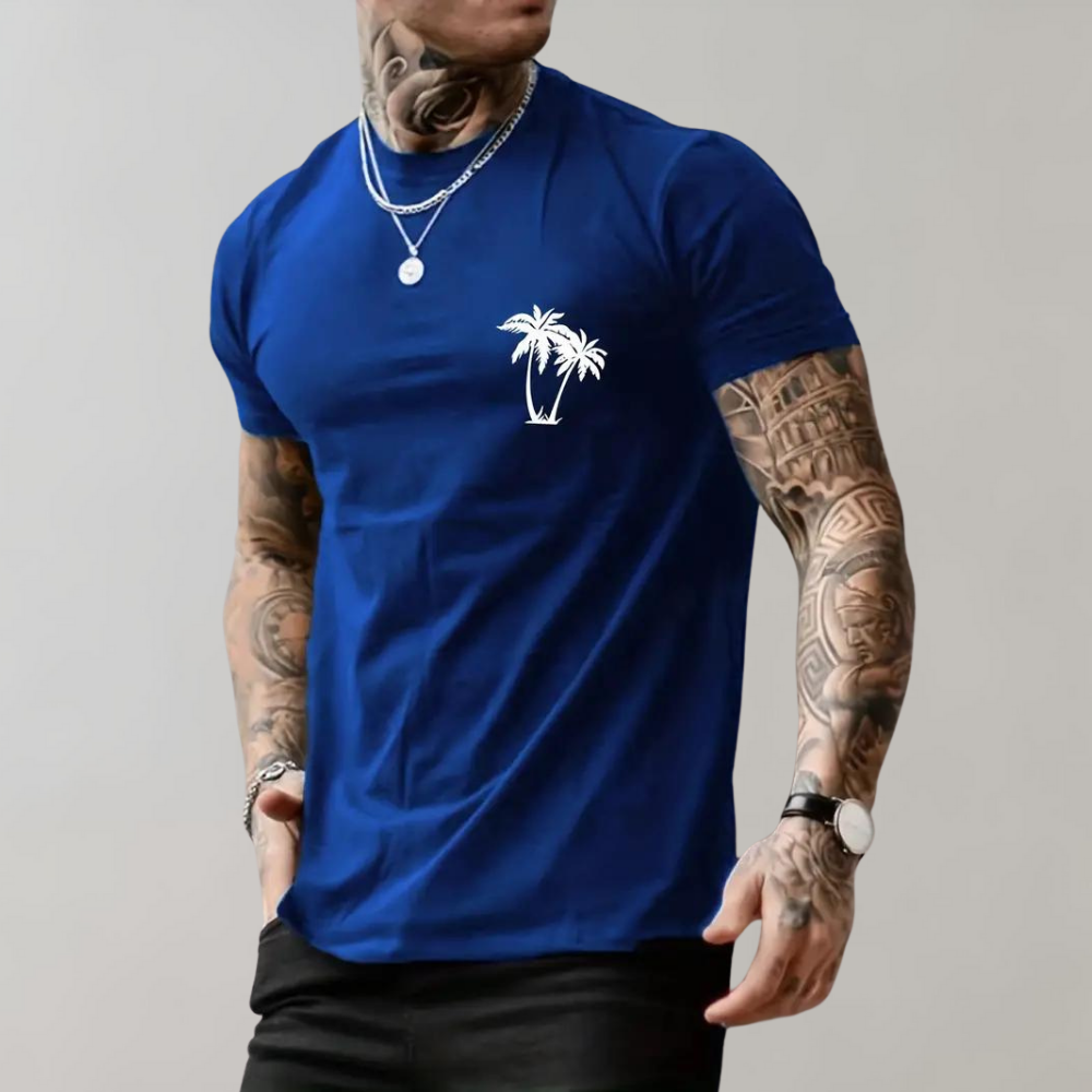 Men's white cotton casual T-shirt with bold palm tree graphic print, relaxed everyday fit