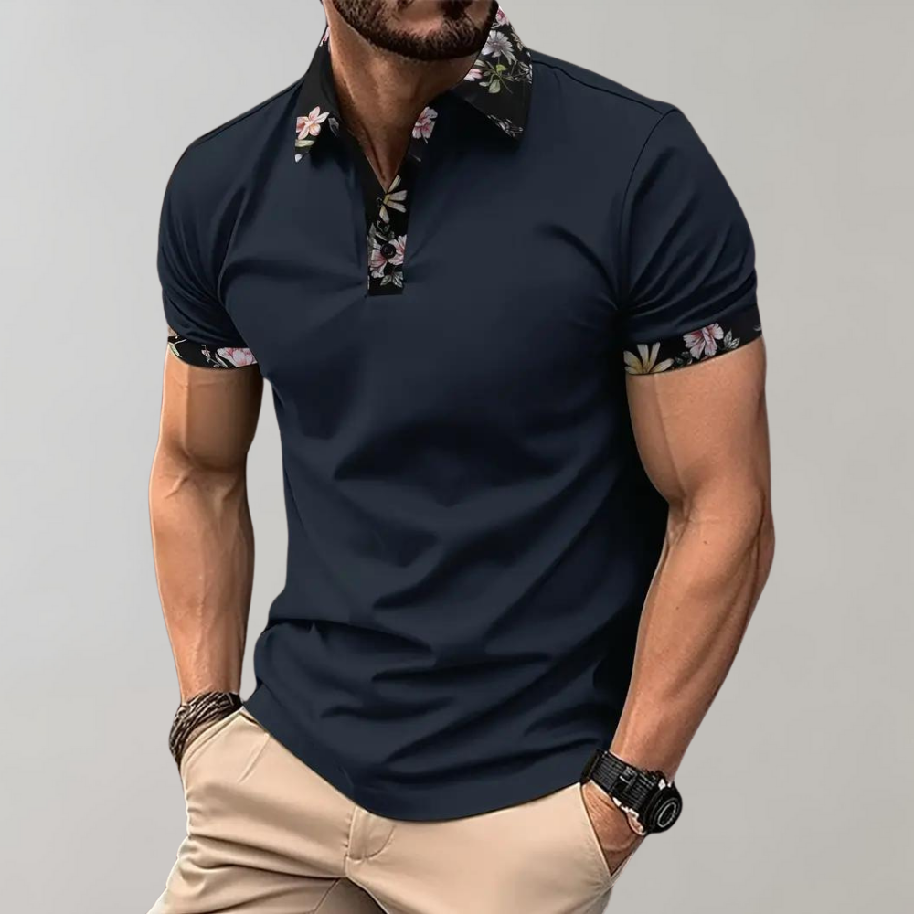 Men's cotton blend polo shirt with floral detail, button closure, casual short sleeve summer style