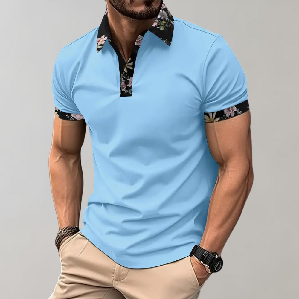 Men's cotton blend polo shirt with floral detail, button closure, casual short sleeve summer style