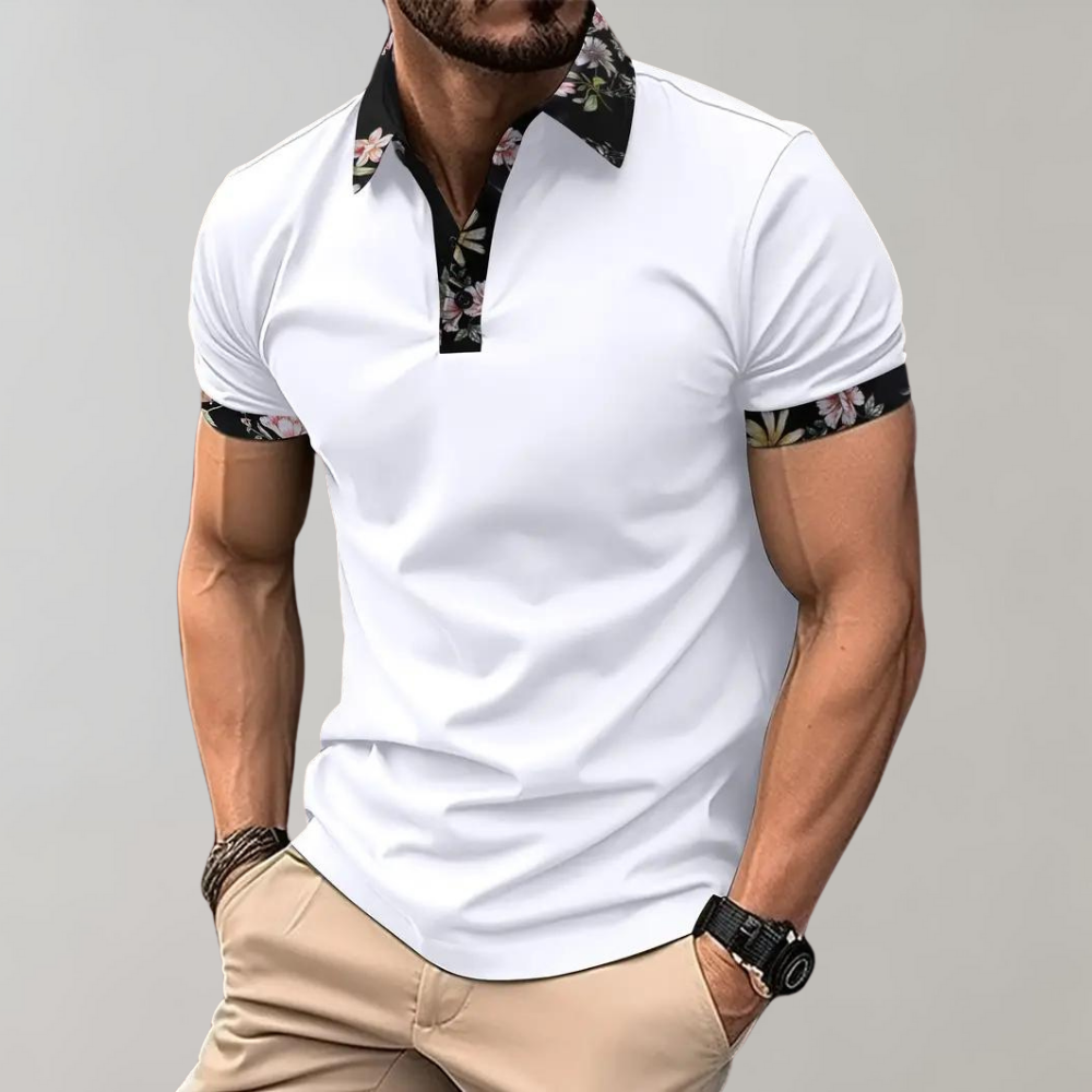 Men's cotton blend polo shirt with floral detail, button closure, casual short sleeve summer style