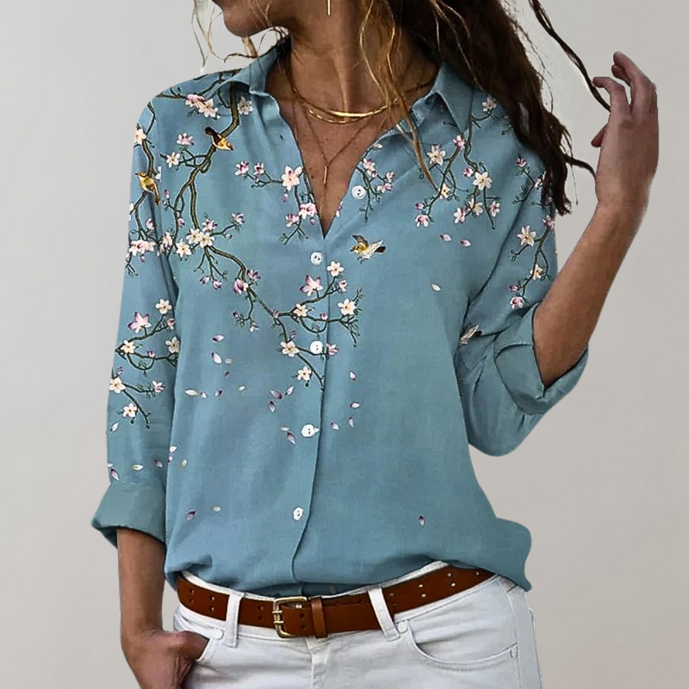 Women's long sleeve paisley boho shirt with button-front closure and classic collar everyday essential