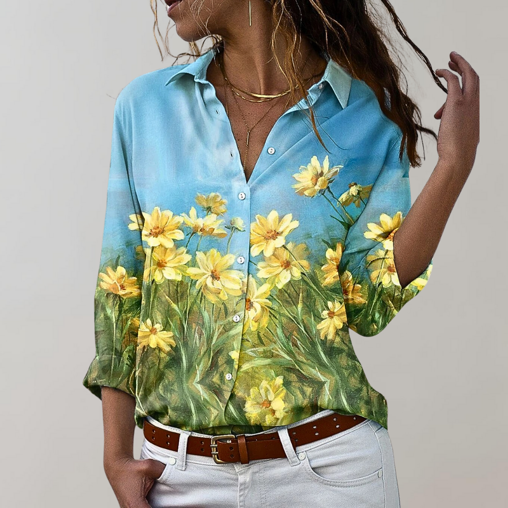 Women's long sleeve paisley boho shirt with button-front closure and classic collar everyday essential