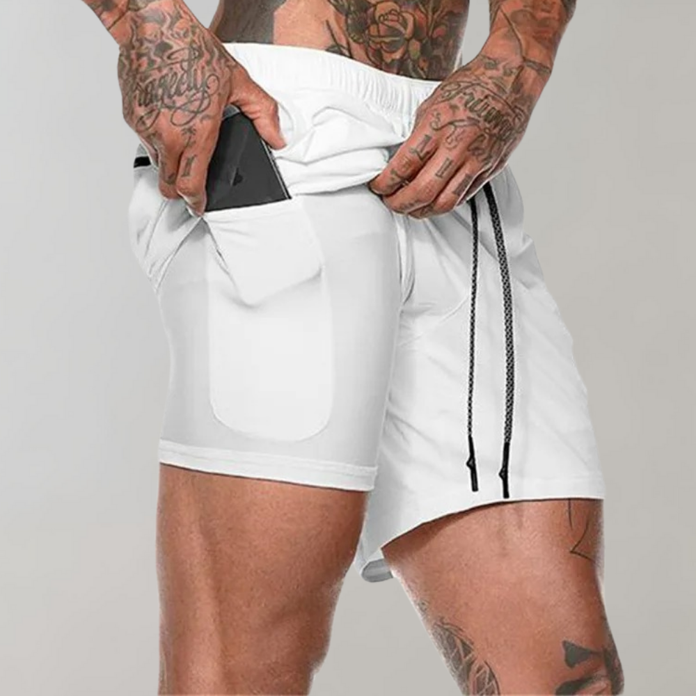 Men's slim-fit 2-in-1 training shorts breathable stretch fabric with integrated inner layer for athletes