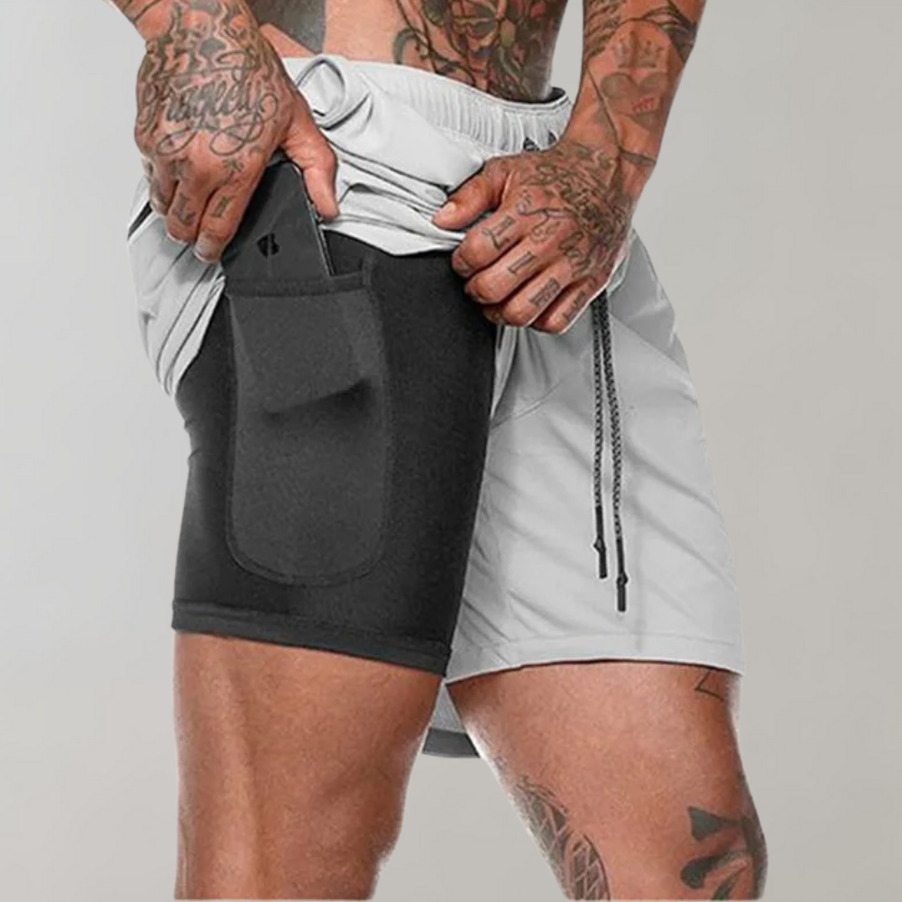 Men's slim fit 2-in-1 training shorts breathable stretch fabric with integrated inner layer for athletes