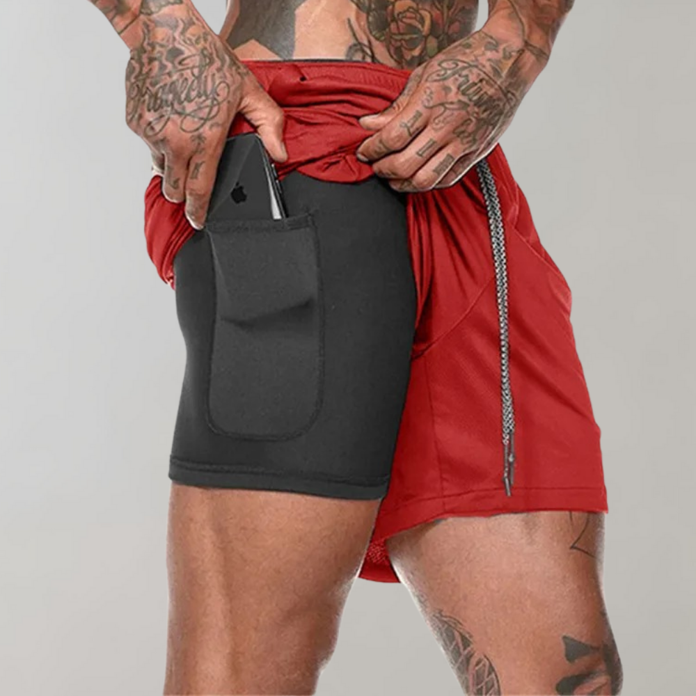 Men's slim fit 2-in-1 training shorts breathable stretch fabric with integrated inner layer for athletes