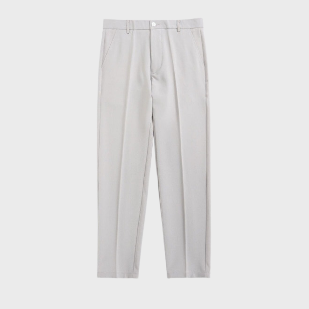 Men's beige comfort fit chino pants with built-in stretch, breathable polyester for active everyday wear