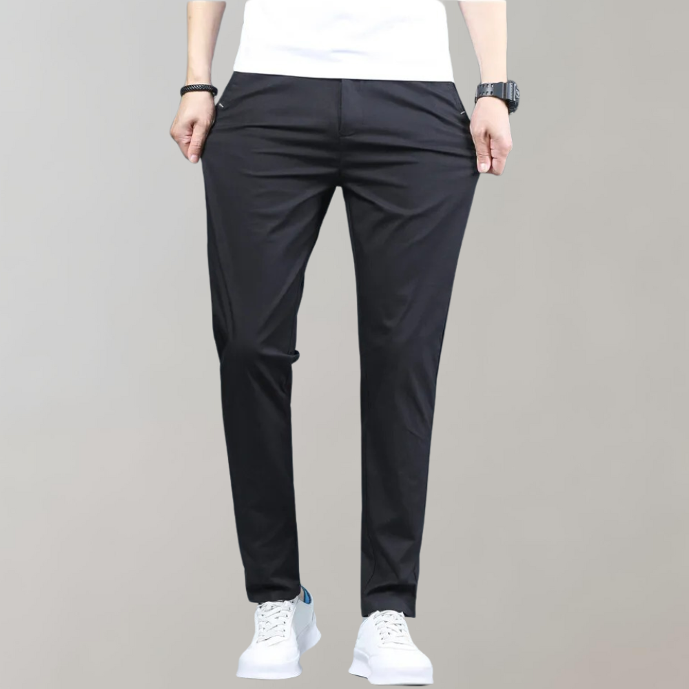Men's slim-fit casual pants in neutral tone, tailored cut for office and casual wear, all-day comfort