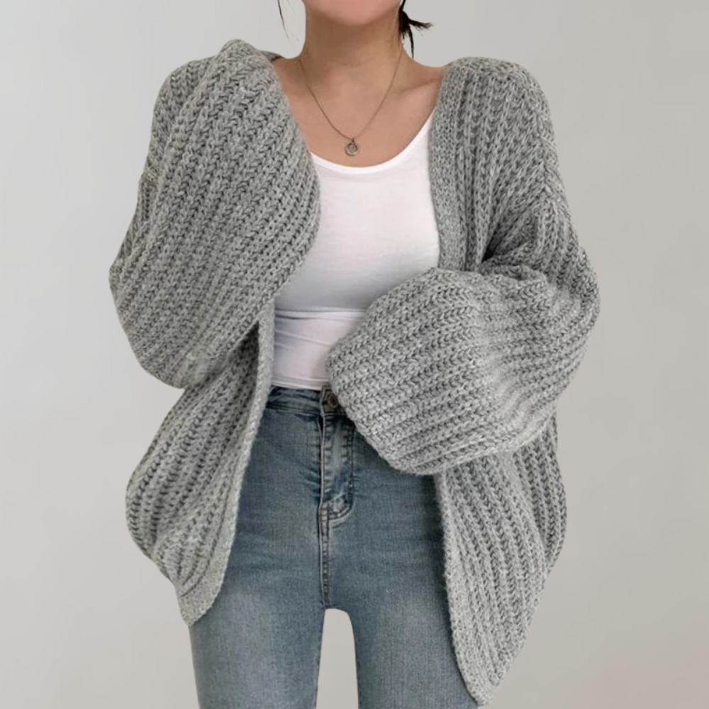 Women's loose open-front long sleeve cardigan in soft cotton-acrylic blend, cozy layering essential