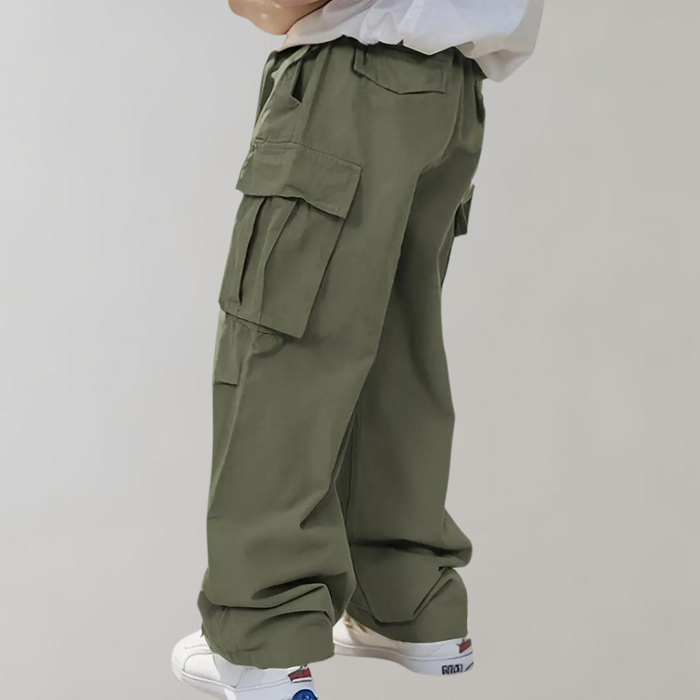 Men's relaxed straight-leg cargo pants in neutral tone with roomy side cargo pockets for outdoor wear