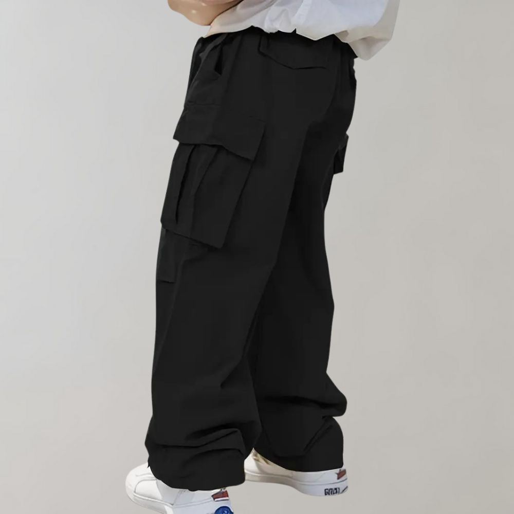Men's relaxed straight-leg cargo pants in neutral tone with roomy side cargo pockets for outdoor wear