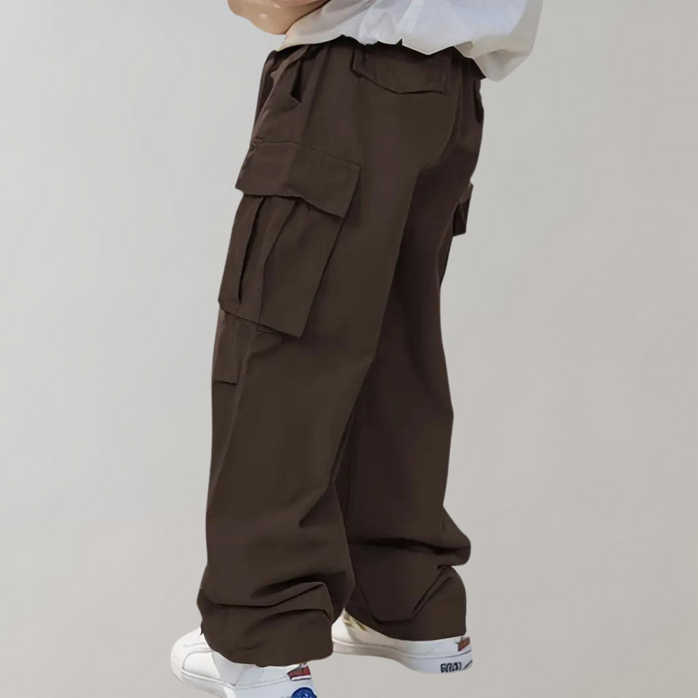 Men's relaxed straight-leg cargo pants in neutral tone with functional cargo pockets for outdoor wear