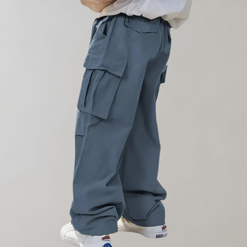 Men's relaxed straight-leg cargo pants in neutral tone with functional multi-pocket design