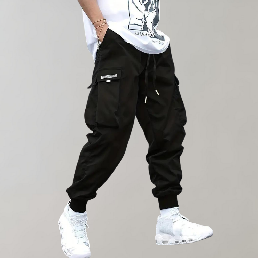 Men's relaxed fit cargo joggers with elastic cuffs, adjustable waist, and secure cargo pockets for travel