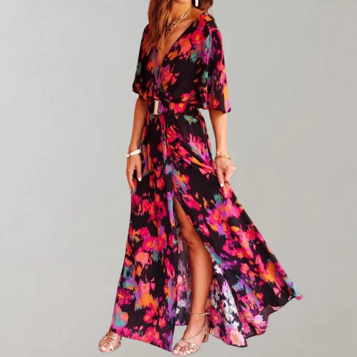 Gray maxi dress with leg slit, elastic belt, V-neck, three-quarter sleeves, abstract pattern eveningwear