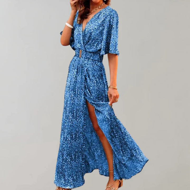 Gray maxi dress with slit, elastic belt, V-neck, three-quarter sleeves, abstract pattern, figure-flattering eveningwear