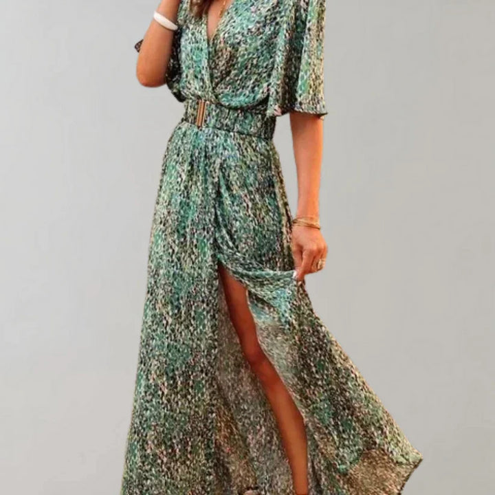 Gray maxi dress with slit, elastic belt, V-neck, three-quarter sleeves, abstract pattern, figure-flattering eveningwear
