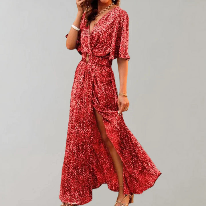 Gray maxi dress with elastic belt, V-neck, three-quarter sleeves, leg slit, figure-flattering evening style