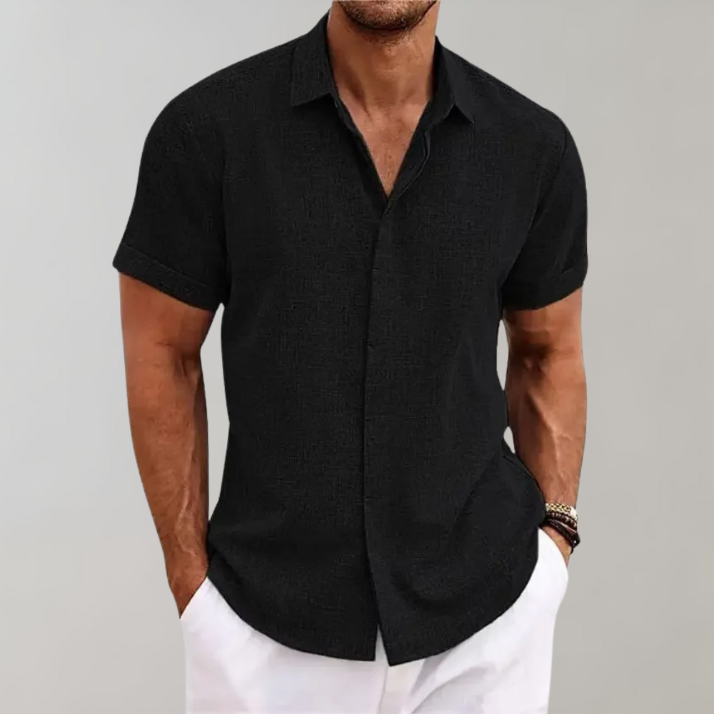 Men's lightweight linen-look short sleeve button-front shirt, breathable summer style in neutral tone