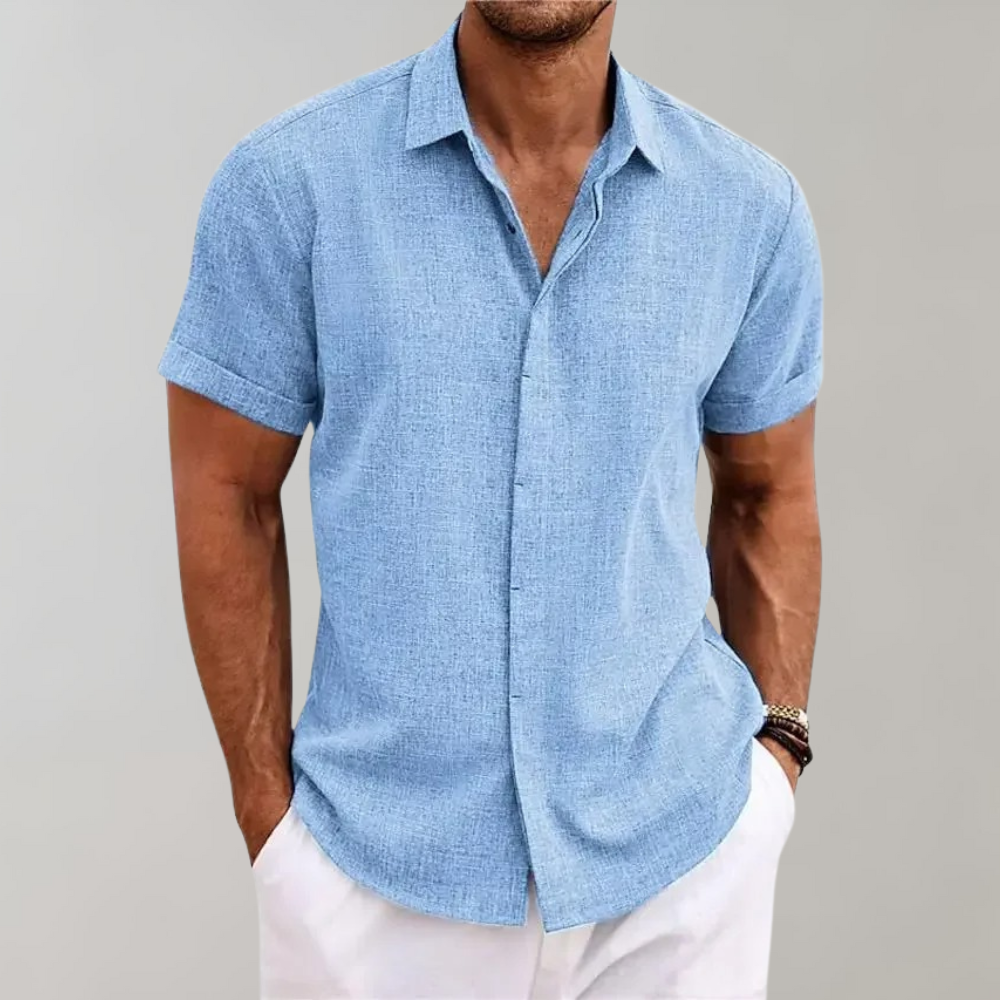 Men's lightweight linen-look short sleeve button-front shirt breathable summer casual fit