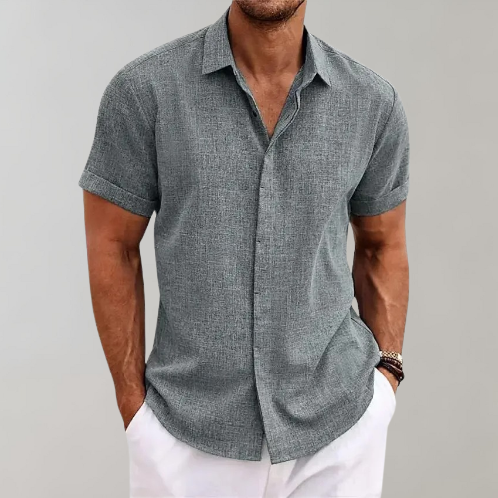 Men's lightweight linen-look short sleeve button-front shirt breathable summer casual fit