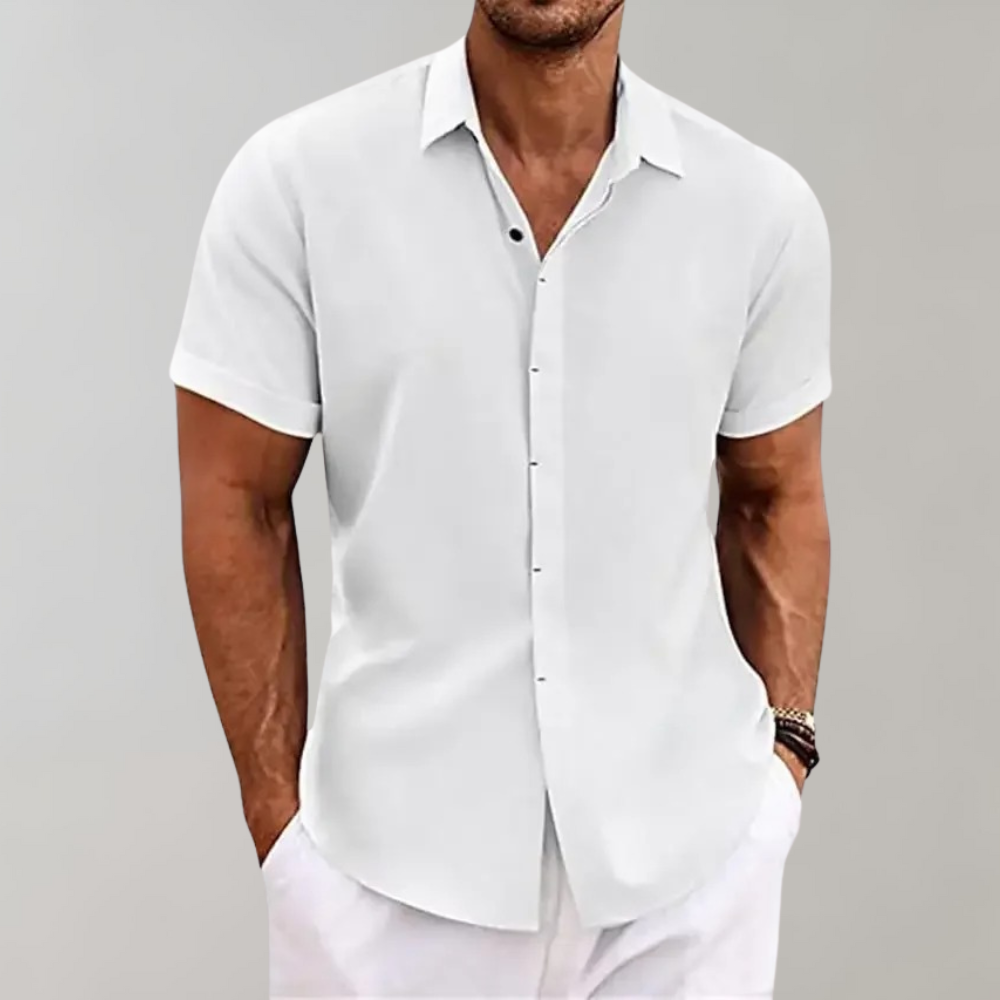 Men's lightweight linen-look short sleeve button-front shirt breathable summer style