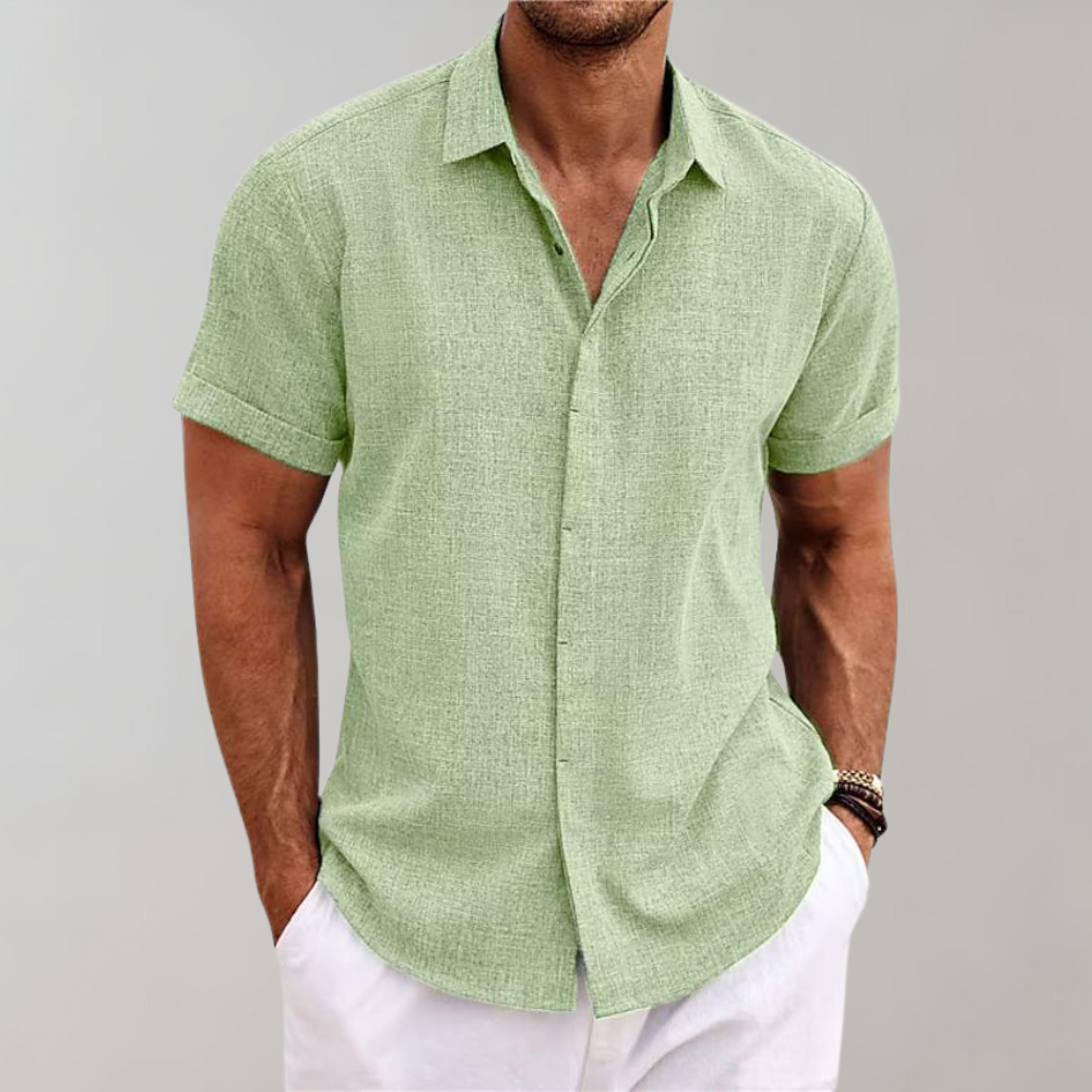 Men's lightweight linen-look short sleeve button-front shirt breathable summer casual fit