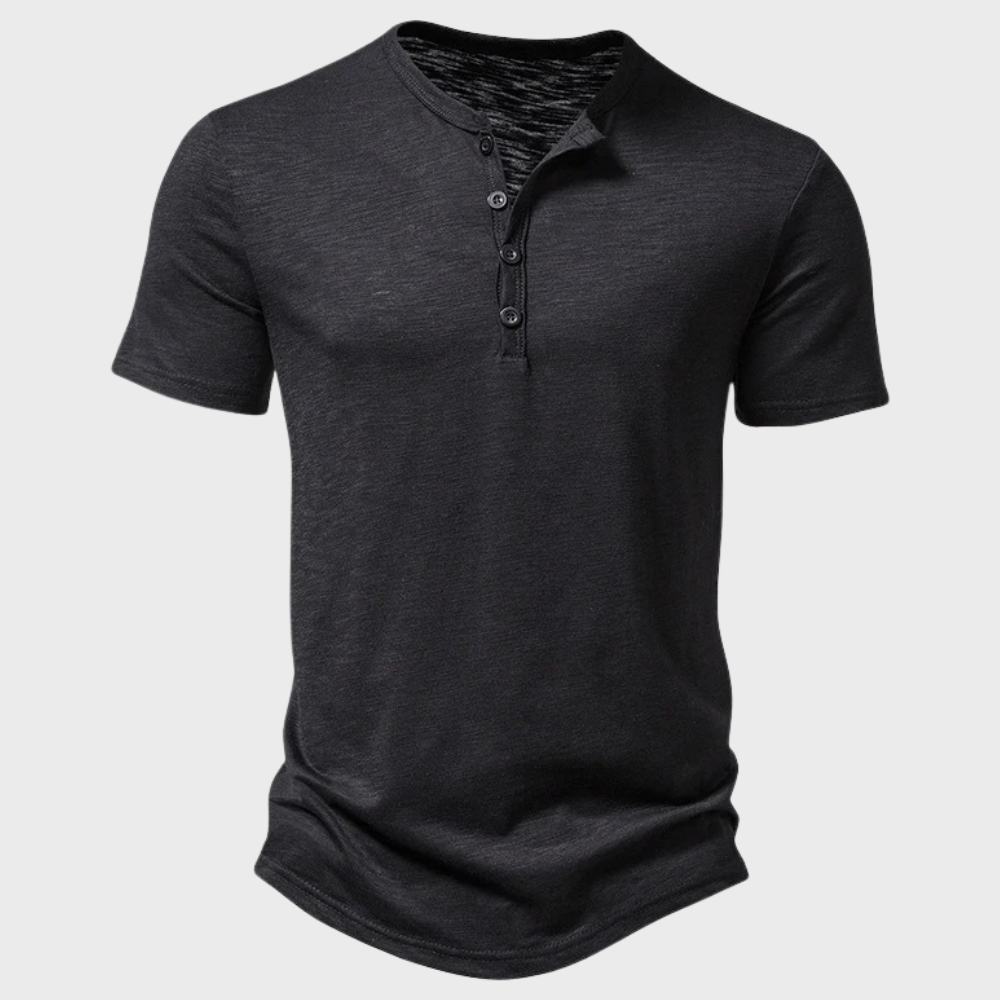 Men's gray cotton blend Henley T-shirt with three-button placket, short sleeve casual fit top