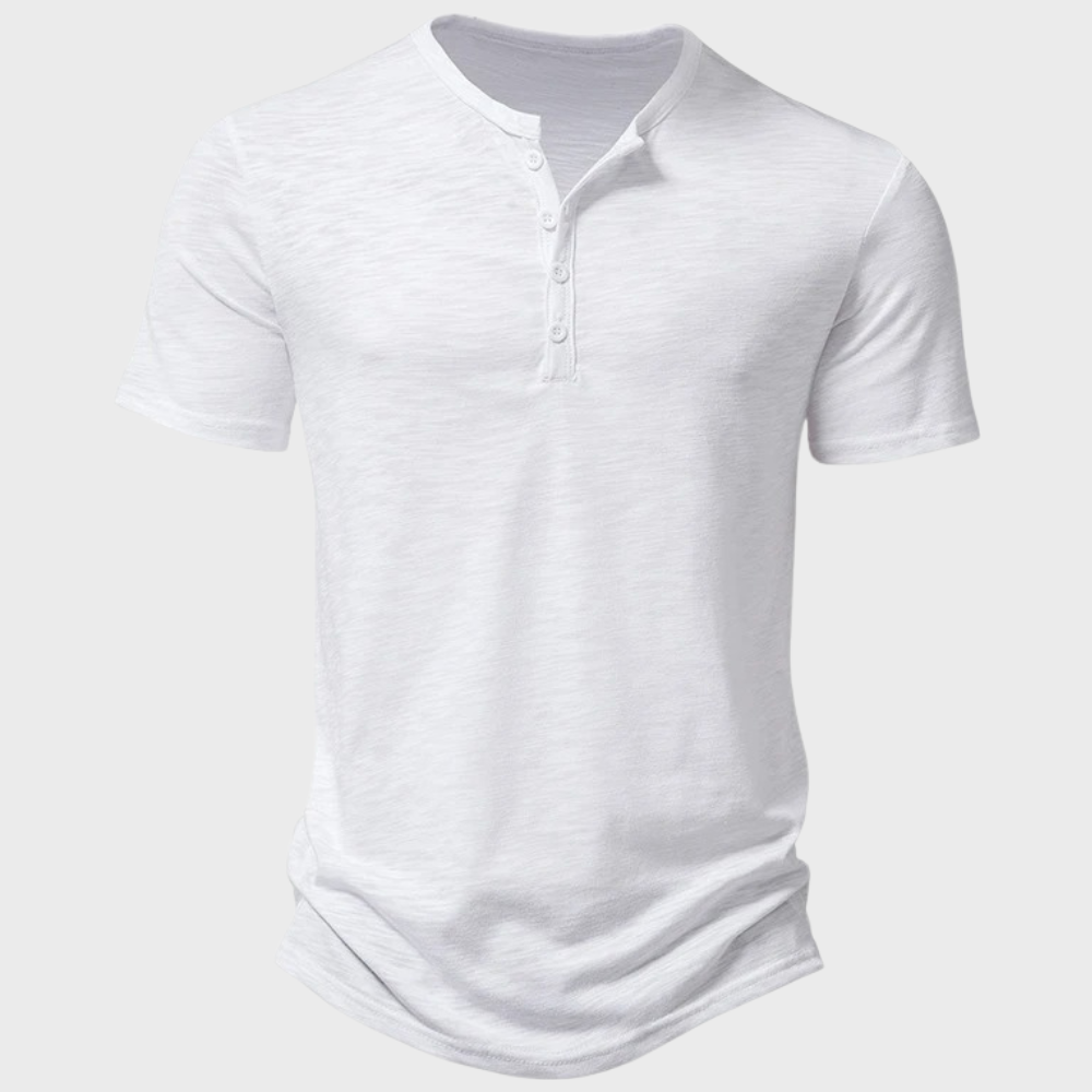 Men's casual heather gray Henley t-shirt cotton blend short sleeve with 3-button placket