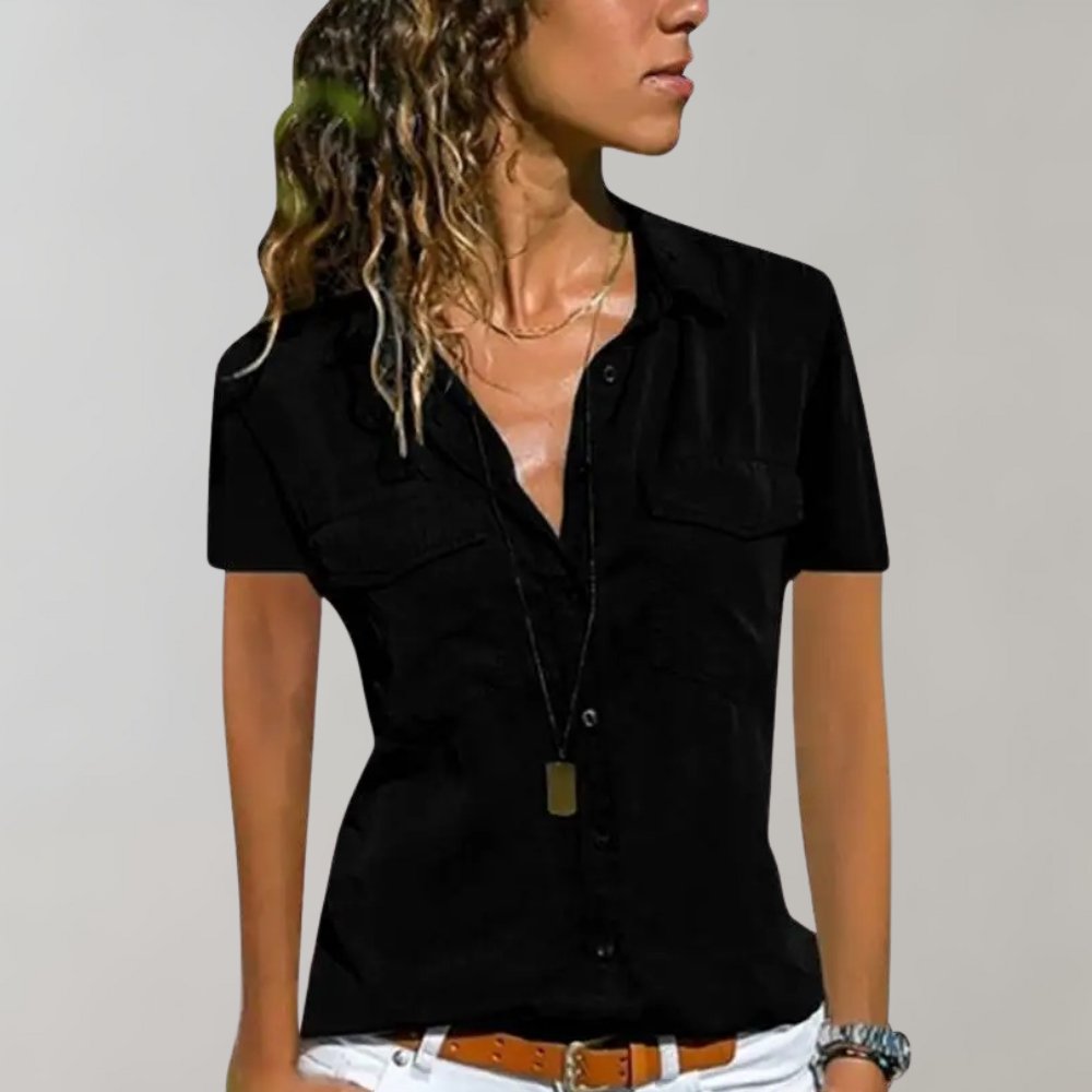 Women's tailored cotton-linen shirt blouse, short sleeve, button front, chest pockets, office casual